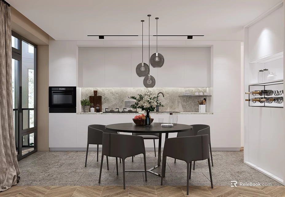 Modern Restaurant Interior With Round Dining Table Gray Chairs And Pendant Lights 3d model