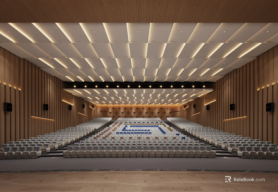 School Auditorium With Rows Of Seats Modern Lighting Wooden Ceiling And Stage 3d model 