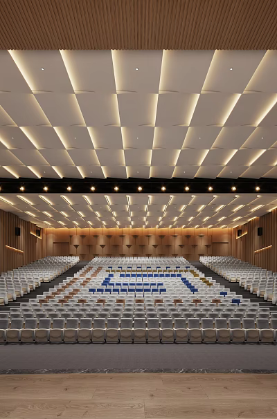 School Auditorium With Rows Of Seats Modern Lighting Wooden Ceiling And Stage 3d model