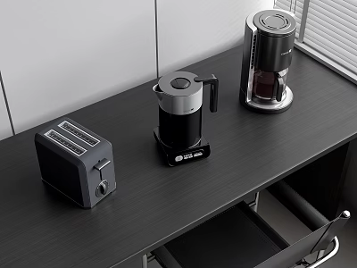 Stylish Modern Kitchen Appliances On Black Countertop Including Toaster Coffee Maker 3d model