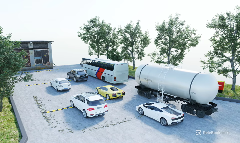 Various Cars Including Bus And Tanker Truck Parked In Open Area With Trees And Building 3d model 