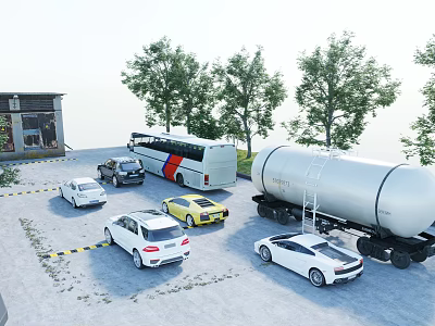 Various Cars Including Bus And Tanker Truck Parked In Open Area With Trees And Building 3d model