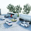 Various Cars Including Bus And Tanker Truck Parked In Open Area With Trees And Building