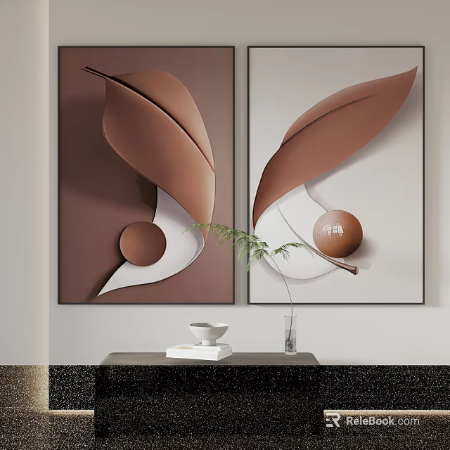 Contemporary Wall Art With Brown Leaf Design Spherical Elements And Green Plant 3d model