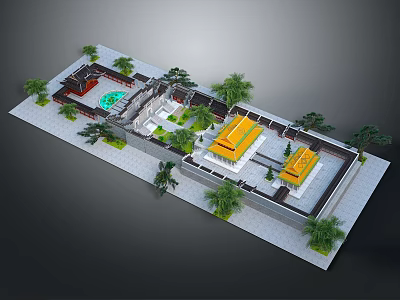Traditional Chinese Courtyard Architecture With Yellow Roof Buildings Green Trees Pool And Stone Pavement 3d model