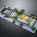 Traditional Chinese Courtyard Architecture With Yellow Roof Buildings Green Trees Pool And Stone Pavement