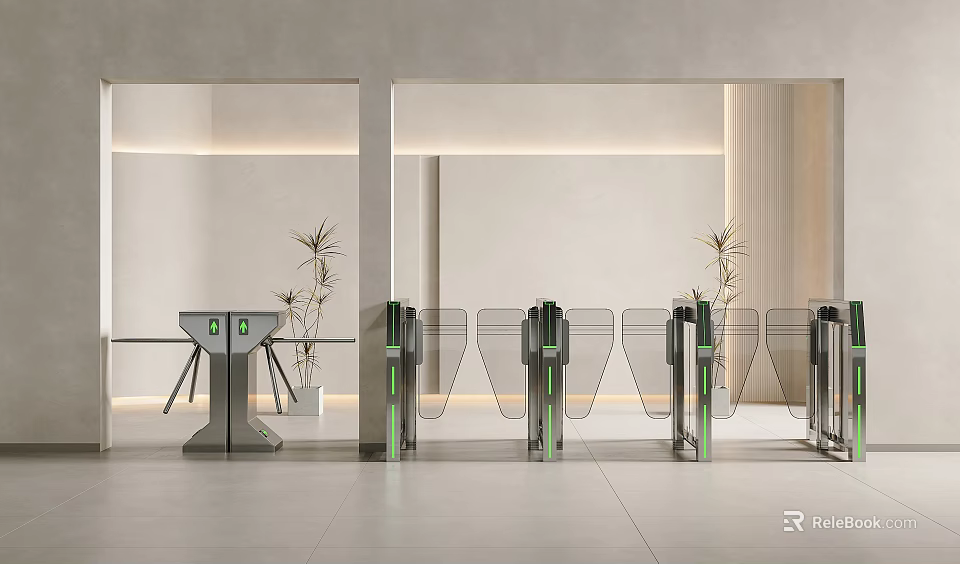 Sleek Modern Lobby Turnstiles With Green Details And Potted Plants Under Soft Lighting 3d model 