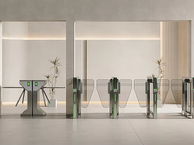 Sleek Modern Lobby Turnstiles With Green Details And Potted Plants Under Soft Lighting 3d model