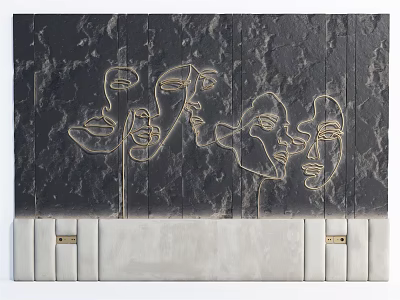 Black Stone Background Wall With Golden Line Abstract Face Patterns And White Marble Base 3d model