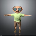 Elderly Man Standing With Large Glasses Green Short Sleeved Shirt Brown Shorts And Outstretched Arms