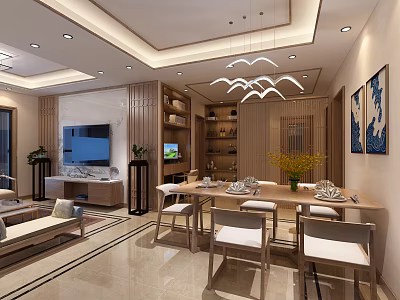 Chinese Modern Restaurant Interior With Wooden Decor Pendant Lights Dining Table Chairs And Paintings 3d model