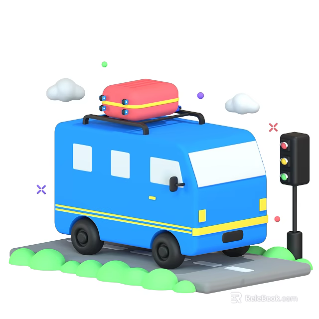 Blue Bus With Red Suitcase On Roof Near Traffic Light Green Grass And Clouds 3d model 