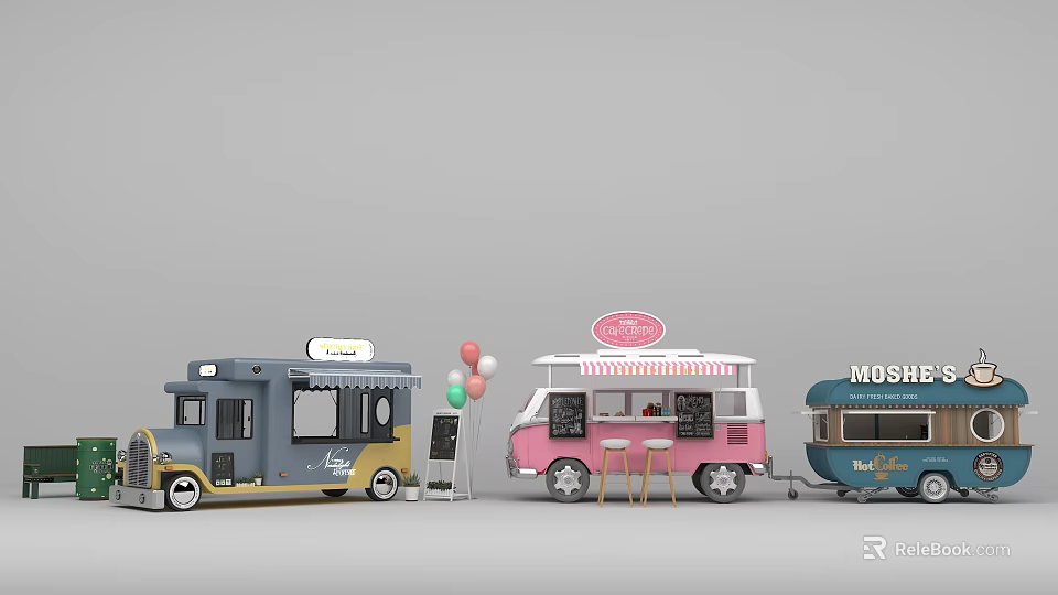 Three Colorful Food Trucks With Balloons And Seating Arrangement 3d model 