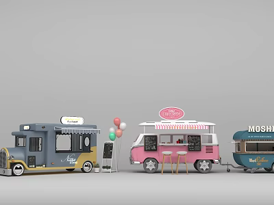 Three Colorful Food Trucks With Balloons And Seating Arrangement 3d model
