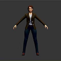Woman in Brown Blazer White Top Blue Jeans and Red Shoes on Gray Background