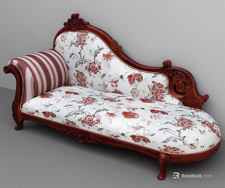 Classic Carved Wooden Chaise Lounge With White Floral Upholstery And Striped Cushion 3d model 
