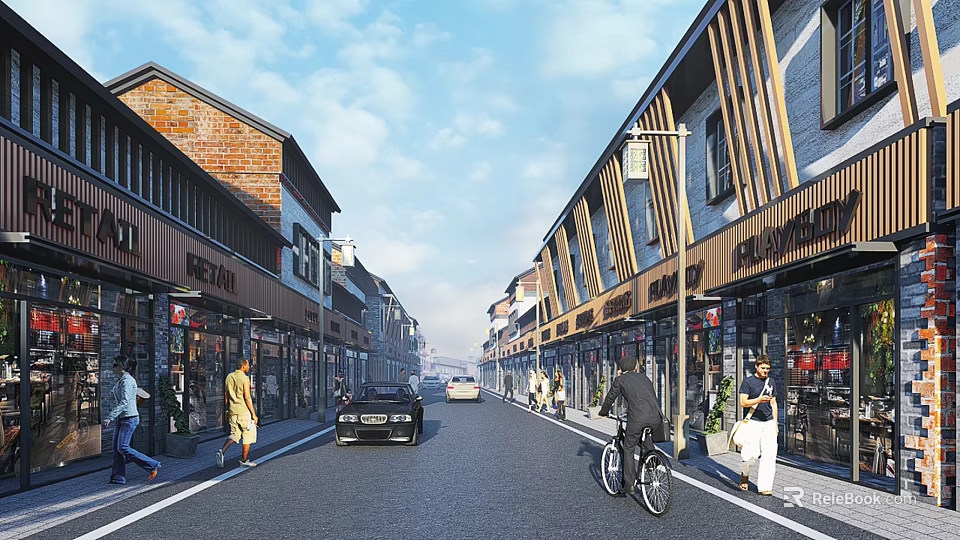 Vibrant Commercial Street With Shops Pedestrians Cars Cyclists And Diverse Styled Buildings Under Blue Sky 3d model