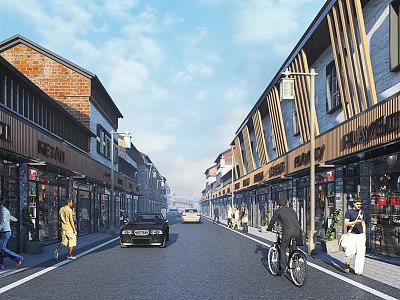 Vibrant Commercial Street With Shops Pedestrians Cars Cyclists And Diverse Styled Buildings Under Blue Sky 3d model