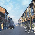 Vibrant Commercial Street With Shops Pedestrians Cars Cyclists And Diverse Styled Buildings Under Blue Sky 3d model