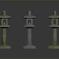 Three Stone Lanterns With Mossy Green And Light Stone Bases And Rounded Tops