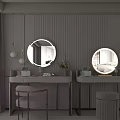Modern Elegant Dual Dressing Tables With Round Mirrors Pendant Lights And Pink Stools