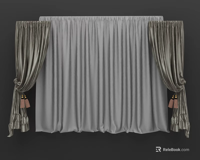 Elegant Gray Window Curtains With Side Drapes And Decorative Tassels for Interior Decoration 3d model