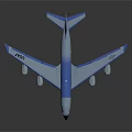 Blue and white passenger airplane with four engines long fuselage and modern aerodynamic design