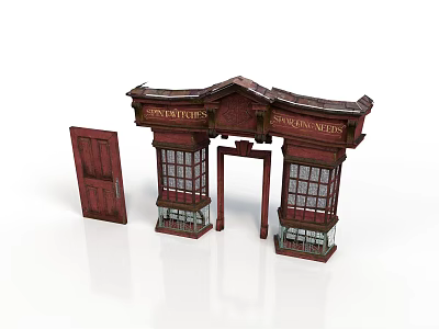 Classical Building Storefront Entrance With Red Door And Stained Glass Windows 3d model