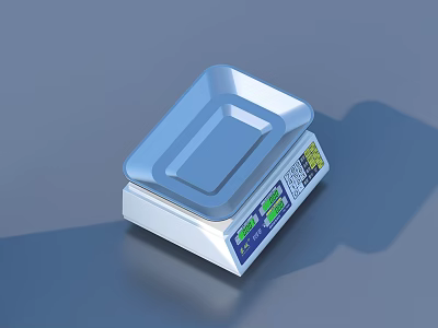 Household Digital Kitchen Scale Featuring Blue Tray White Body Display Screen And Control Buttons 3d model