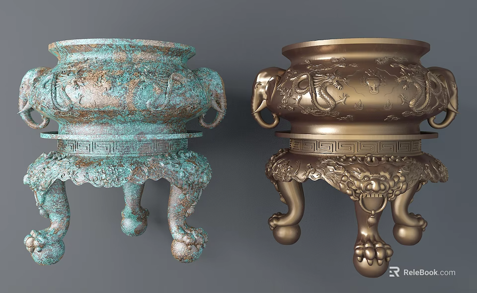 Garden Landscape Decorative Bronze Tripods With Ornate Patterns Elephant Ears And Animal Feet 3d model 