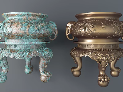 Garden Landscape Decorative Bronze Tripods With Ornate Patterns Elephant Ears And Animal Feet 3d model