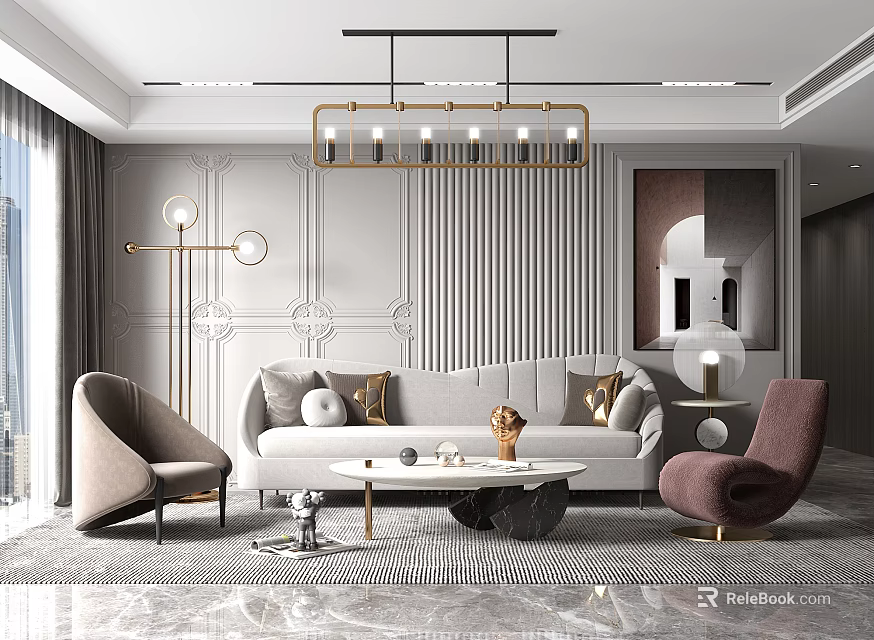 Elegant Modern Sofa and Coffee Table Set with Accent Chairs and Decorative Pillows 3d model