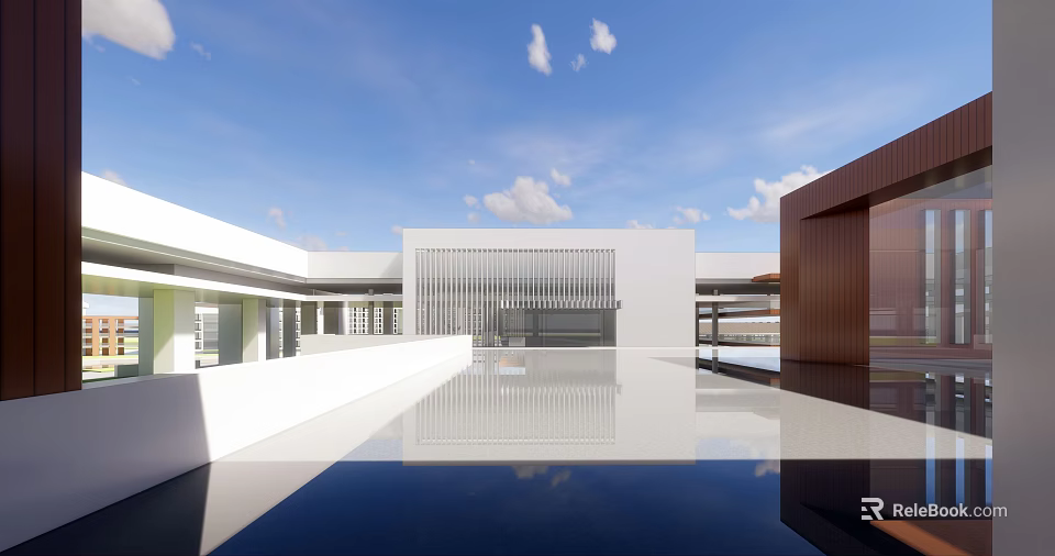 Modern School Building With White Exterior Wooden Structure And Reflection Pool Under Blue Sky 3d model 