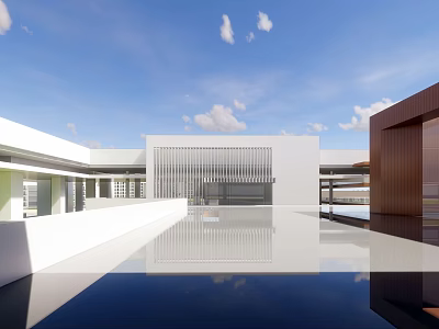 Modern School Building With White Exterior Wooden Structure And Reflection Pool Under Blue Sky 3d model
