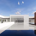 Modern School Building With White Exterior Wooden Structure And Reflection Pool Under Blue Sky