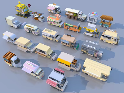Variety Of Mobile Commercial Food Equipment Vending Carts Including Ice Cream And Coffee Trucks 3d model
