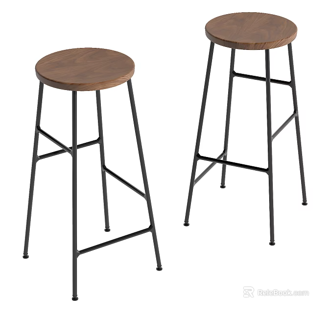 Two Modern Bar Stools With Wooden Seat And Black Metal Frame Design 3d model 