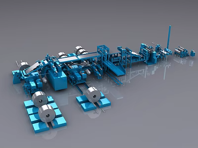 Automated Industrial Production Line Equipment With Blue Metallic Rollers Conveyor Belts and Processing Units 3d model