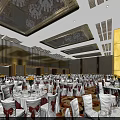 Elegant Banquet Hall with Luxurious Ceiling Chandeliers White Tablecloths Floral Centerpieces and White Chairs