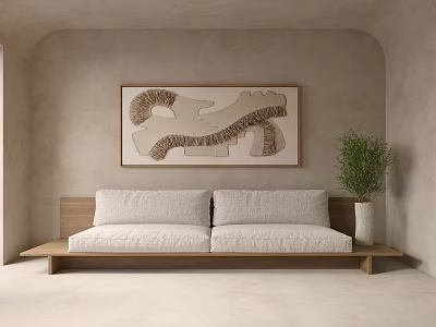 Light Beige Two-Seater Sofa With Wooden Frame Green Plant And Artwork In Minimalist Modern Interior 3d model