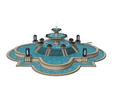 Multi Tiered Outdoor Fountain With Circular Basin And Decorative Lamp Posts 3d model