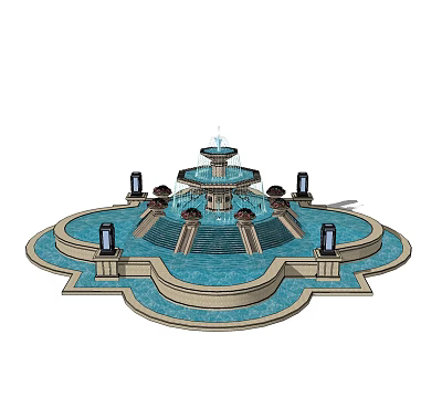 Multi Tiered Outdoor Fountain With Circular Basin And Decorative Lamp Posts 3d model