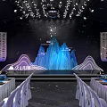 Elegant Event Venue With Starry Ceiling Mountain Shaped Decor Calligraphy Scrolls Blue Floral Dining Setup