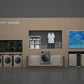 Modern Exhibition Island With Black Backdrop Multiple Cabinets And Blue Water Curtain