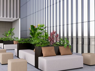 Contemporary Public Sofa Seating With Potted Plants And Glass Wall Design 3d model