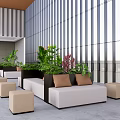 Contemporary Public Sofa Seating With Potted Plants And Glass Wall Design