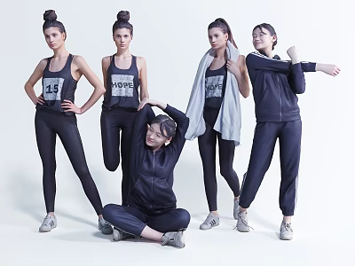 Group of Women in Black Athletic Wear Stretching with Various Poses on White Background 3d model