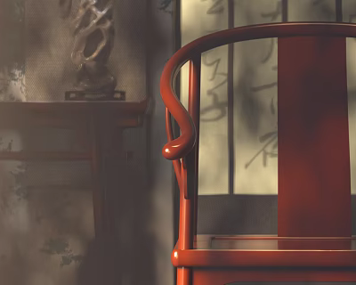 Traditional Chinese Single Chair With Red Wooden Curved Armrest And Calligraphy Background 3d model