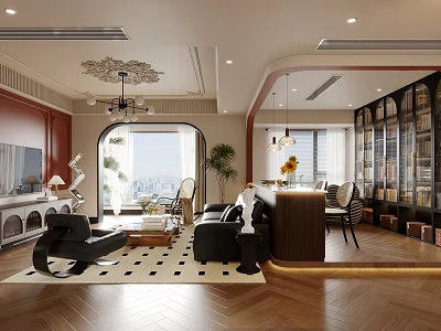 Modern Living Dining Room Interior With Chandelier Sofa Set Dining Table Bookshelf And Window View 3d model