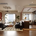Modern Living Dining Room Interior With Chandelier Sofa Set Dining Table Bookshelf And Window View
